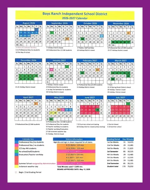 Boys Ranch ISD 2026–2027 academic calendar