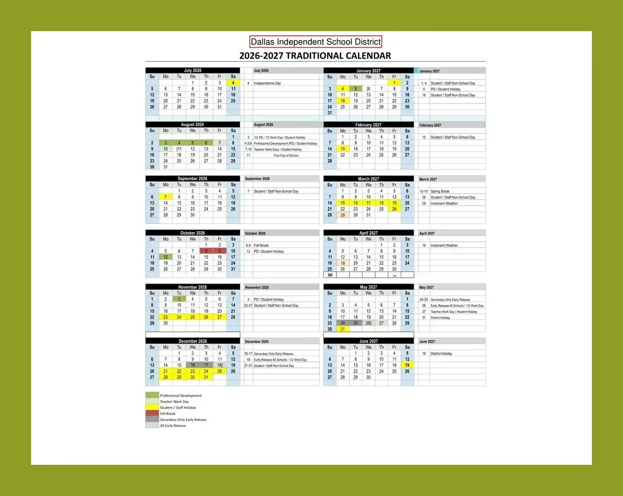 Dallas ISD official 2026-2027 calendar
