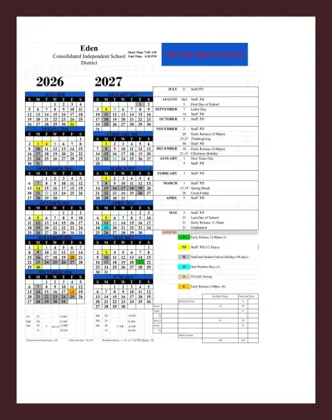 Eden CISD 2026–2027 academic calendar