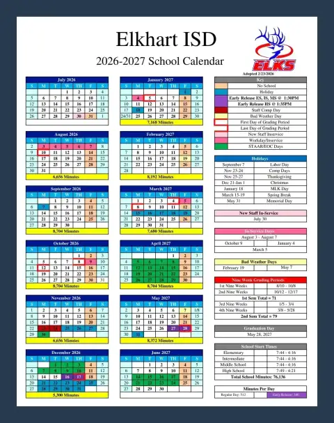 Elkhart ISD 2026–2027 academic calendar