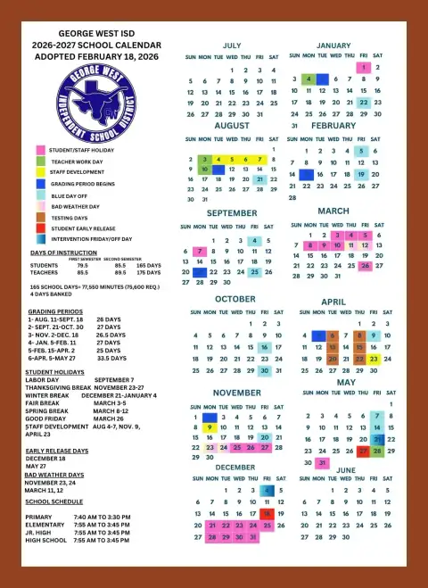 George West ISD 2026–2027 academic calendar