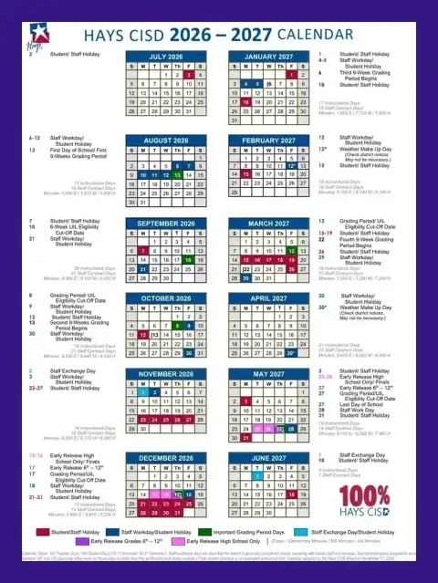 Hays CISD 2026–2027 academic calendar