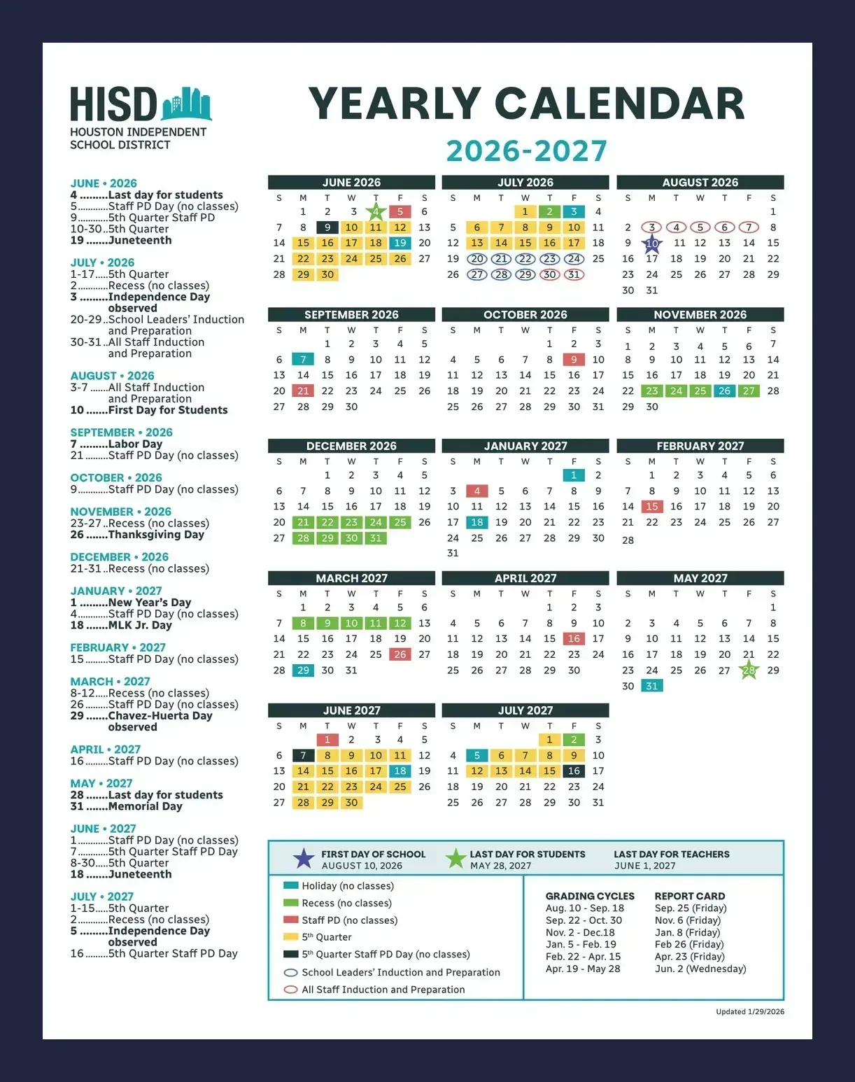 Houston ISD official 2026-2027 calendar