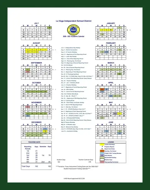 La Vega ISD 2026–2027 academic calendar