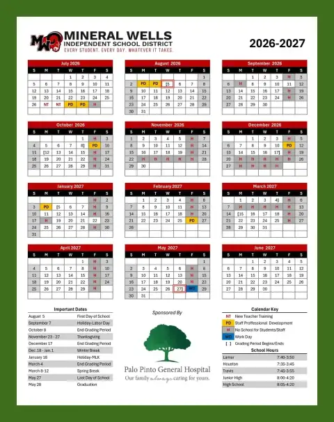 Mineral Wells ISD 2026–2027 academic calendar