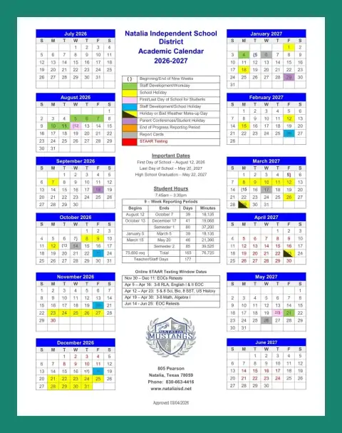 Natalia ISD 2026–2027 academic calendar