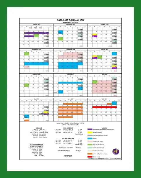 Sabinal ISD 2026–2027 academic calendar