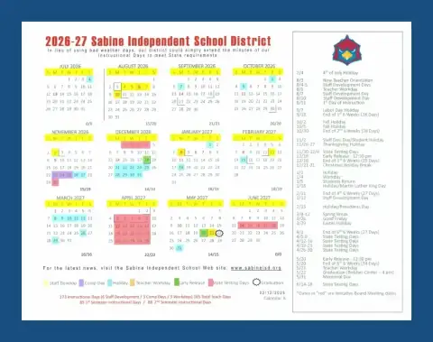 Sabine ISD 2026–2027 academic calendar