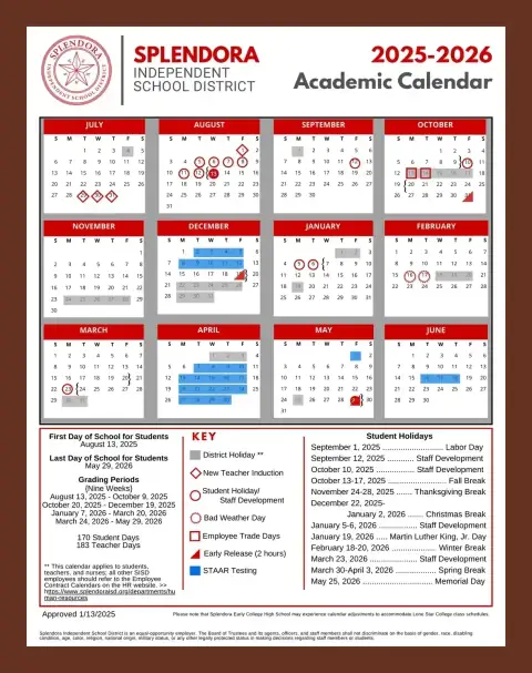 Splendora ISD 2026–2027 academic calendar