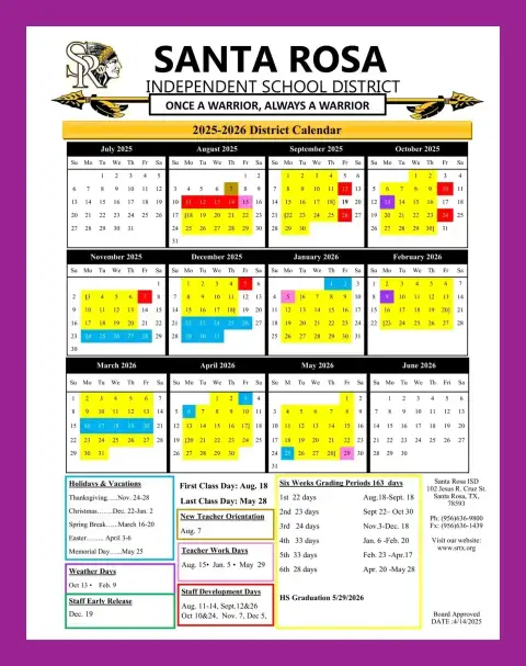 Santa Rosa ISD 2026–2027 academic calendar