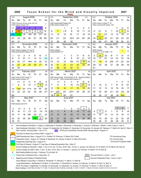 Texas Sch For The Blind & Visually Impaired 2026–2027 academic calendar