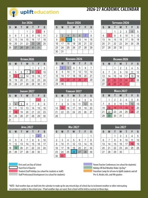 Uplift Education 2026–2027 academic calendar