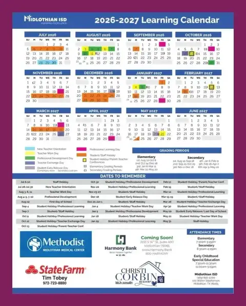 Midlothian ISD 2026–2027 academic calendar